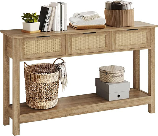 Luoxiao Rattan Console Table 3-Drawer 47" Narrow Wood Entryway Sofa Table | Trendy Boho Hallway Foyer Storage, Open Shelf, Sturdy Entry Table for Living Room, Couch, Easy Assembly, Anti-Tip, Natural
