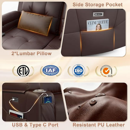 Power Reclining Loveseat with Massage & Heat,Wall Hugger Home Theater Seating with LED Lights,USB & Type-C Ports, Ideal for RV, Home Theater and Living Room,Brown,2 Seats