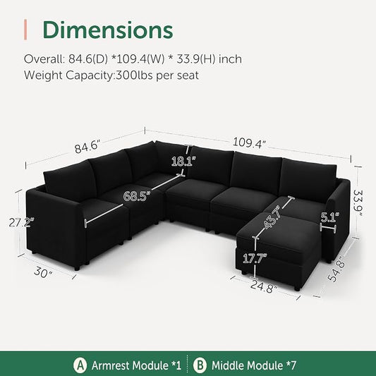HONBAY Modular Sectional Sofa with Storage U Shape Sectional Sofa Velvet Sectional Couches for Living Room,Black