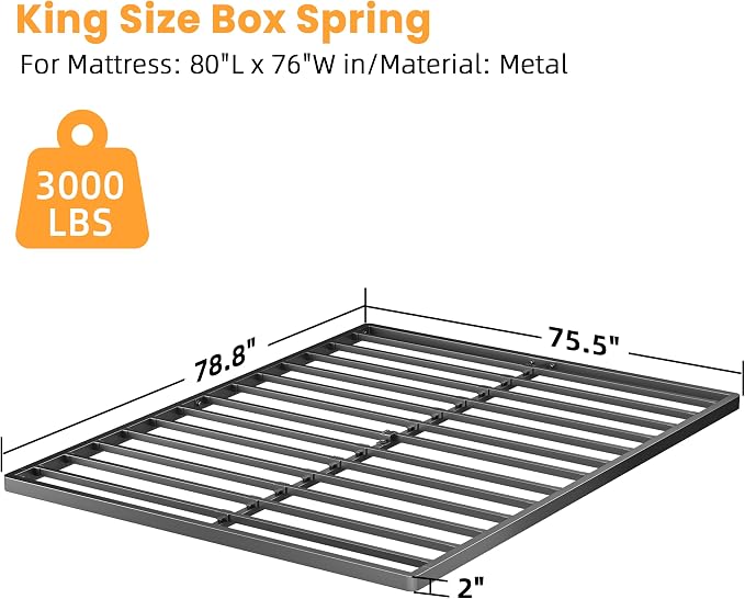 VIPSHOW 2 Inch King Metal Box Spring with Round Corners - 3000 lbs Capacity, Low Profile Bed Slat Replacement Bunkie Board with Steel Slats, Noise-Free, Easy Assemble, Black