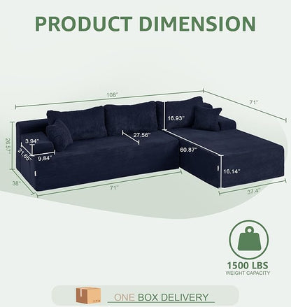 Hobestluk Modular Sectional Sofa Couches L-Shape Couch 3 Seat Modular Sofa Memory Foam Sectional Couches for Living Room, Cloud Couch with Oversized Chaise (Blue Corduroy, 108", Right Hand Facing)