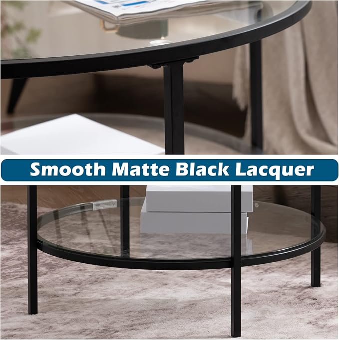 VINGLI 25.6" Round Black Coffee Tables for Living Room, 2-Tier Glass Top Coffee Table with Storage Clear Coffee, Simple & Modern Center Table for Small Space