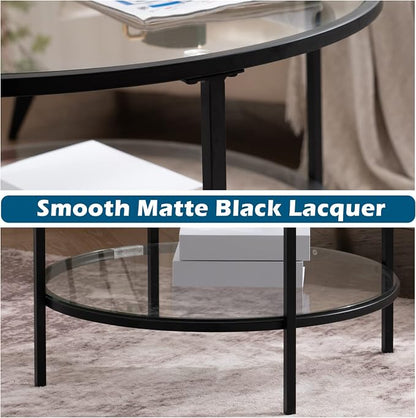 VINGLI 25.6" Round Black Coffee Tables for Living Room, 2-Tier Glass Top Coffee Table with Storage Clear Coffee, Simple & Modern Center Table for Small Space