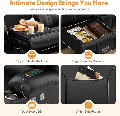 Dresegmt Recliner Sofa Set, Flip Middle Backrest Design PU Leather 3 Seater Reclining Sofa and 2PC Single Recliner Chair, Manual Couches for Living Room (Black, PU 3+1+1)