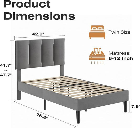 VECELO Twin Size Bed Frame with Upholstered Headboard, Heavy-Duty Bedframe with Wooden Slats & Steel Framework, Easy Assembly, Dark Grey