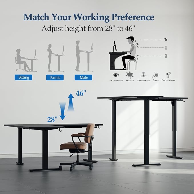 Klicelor L Shaped Standing Desk 59 x 48 Inch, Electric Height Adjustable Corner Desk for Home Office Workstation, Ergonomic Sit Stand Computer Table with Memory Controller, Black
