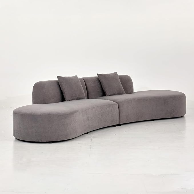 Container Furniture Direct 132" Curved Sofa with Throw Pillows, 6 Seater Luxury Velvet Couch with Half Moon Design and High-Density Foam, Ideal for Modern Living Room, Office & Apartment, Grey