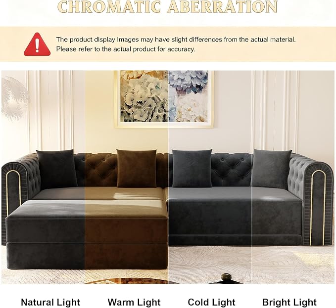 90.6'' Futon Sofa Bed, Chesterfield Velvet Sleeper Sofa, Convertible Floor L-Shaped Couch, Tufted Back, 4 Pillows, Gold Edge Trim, Deep Loveseat Couches for Living Room, Apartment, Gold Black