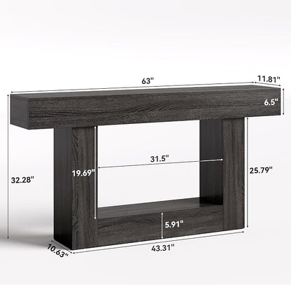 LITTLE TREE 63 Inches Long Console Table, 2-Tier Farmhouse Sofa Table Behind Couch, Large Narrow Entryway Table for Living Room, Wooden Hallway Foyer Table with Heavy Duty Base, Grey