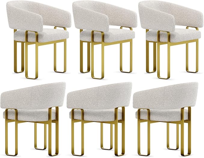 Dining Chairs Set of 6, Off White Boucle Upholstered Kitchen & Dining Room Chairs with Armrest, U-Shaped Brushed Gold Metal Legs