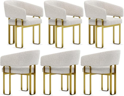 Dining Chairs Set of 6, Off White Boucle Upholstered Kitchen & Dining Room Chairs with Armrest, U-Shaped Brushed Gold Metal Legs