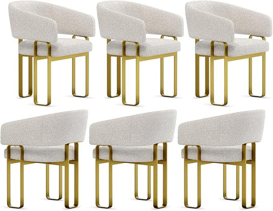 Dining Chairs Set of 6, Off White Boucle Upholstered Kitchen & Dining Room Chairs with Armrest, U-Shaped Brushed Gold Metal Legs