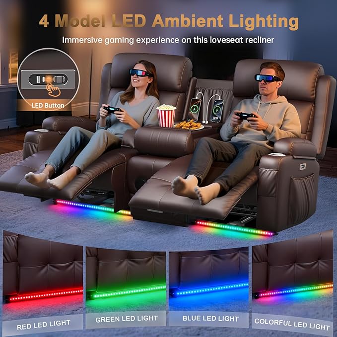 Power Loveseat Recliner Sofa, Home Theater Seating with Heat Massage, Reclining Loveseats with Flip Backrest, Wall Hugger RV Couch Movie Theater Chairs, RV Furniture Sofas with USB, for Gaming Room