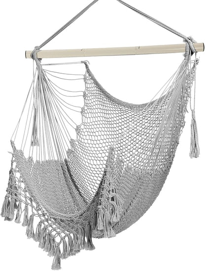 Hammock Chair，Max 330lbs, Large Hanging Chair, Soft Cotton Rope Swing Chair with High Load-Bearing Metal Rod,Indoor Outdoor Garden Yard Living Room Use