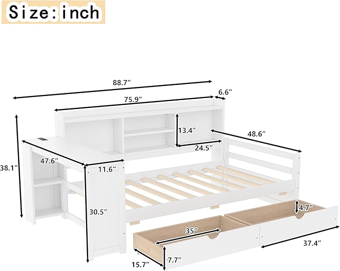 Bellemave Twin Corner Bed Frame with Desk and Storage Shelves,Charging Port, Wood Twin Size Daybed with Bookcase and Drawers, White