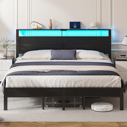 King Size Bed Frame with LED Lights & Charging Station, Black Metal Platform Bed with Wood Headboard and Sturdy Slats, No Box Spring Needed