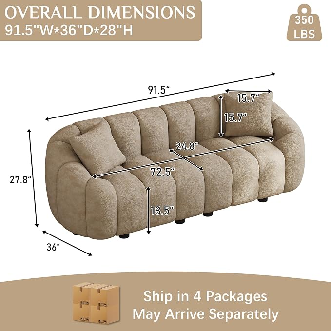 92" Oversized Minimalistic Boucle Sofa for Living Room, Luxury Plush Extra Deep Seat Tufted Sofa, Modern Comfy Curved Cloud Couch, Upholstered 3-Seater Chenille Couches, Light Brown