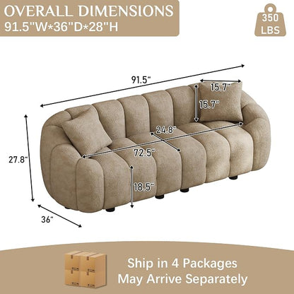 92" Oversized Minimalistic Boucle Sofa for Living Room, Luxury Plush Extra Deep Seat Tufted Sofa, Modern Comfy Curved Cloud Couch, Upholstered 3-Seater Chenille Couches, Light Brown