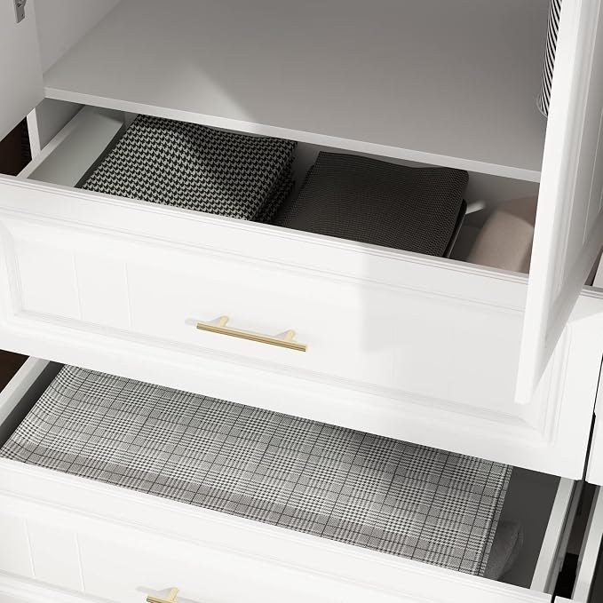 AIEGLE 4-Door Armoire Wardrobe Closet with Drawers, White Coat Closet with Doors, Modern Tall Wardrobe Cabinet Closet with Hanging Rod for Bedroom, Freestanding, White, 20.6" D x 63" W x 74.2" H
