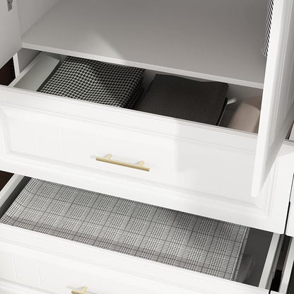 AIEGLE 4-Door Armoire Wardrobe Closet with Drawers, White Coat Closet with Doors, Modern Tall Wardrobe Cabinet Closet with Hanging Rod for Bedroom, Freestanding, White, 20.6" D x 63" W x 74.2" H