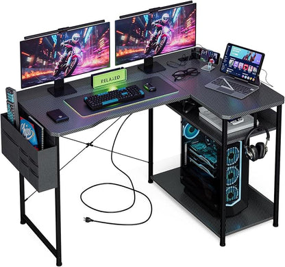 Acrolix L Shaped Gaming Desk 48 Inch - Computer Corner Desk with Power Outlets, Reversible Shelves & Storage Bag for Home Office, PC Gaming Table, Black Carbon