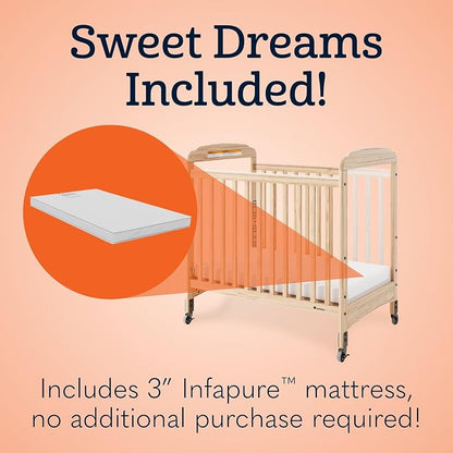 Foundations Serenity Compact Mirrorview Daycare Crib, Fixed Side, Features Mirrorview End Panels and Slatted Side Panels, Durable Wood Construction, Includes 3” InfaPure Foam Mattress (Natural)