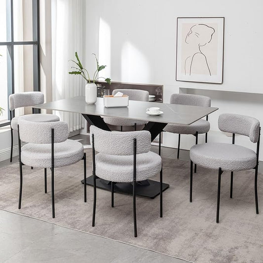 Cinxzar Boucle Dining Chairs Set of 6, Upholstered Dining Room Chairs with Black Metal Legs, Round Modern Dining Chair for Dining Room, Kitchen (Light Grey)