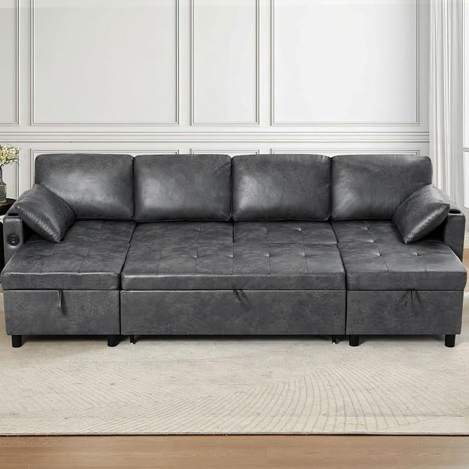 110 inches Suede Leather Sleeper Sofa w/Pull Out Bed, U-Shape Sectional Sofa Bed w/Adjustable Backrest and Storage Chaises, 4-Seats Upholstered Sofa Bed w/USB Port for Living Room, Grey