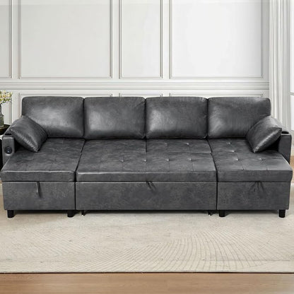 110 inches Suede Leather Sleeper Sofa w/Pull Out Bed, U-Shape Sectional Sofa Bed w/Adjustable Backrest and Storage Chaises, 4-Seats Upholstered Sofa Bed w/USB Port for Living Room, Grey
