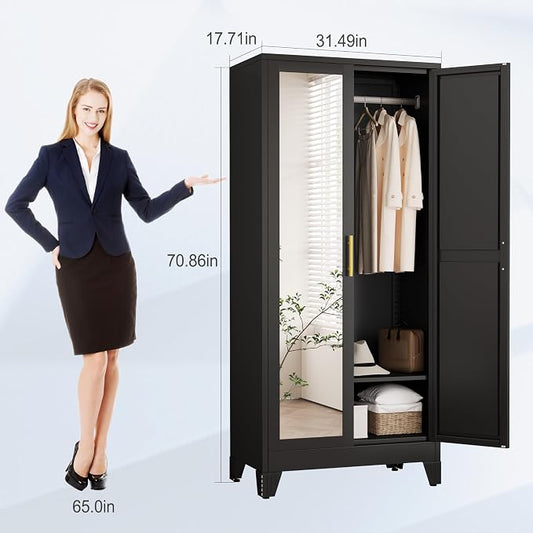 71" Metal Armoire Wardrobe Closet, Steel Clothing Storage Cabinet with Mirror and Adjustable Shelves, Household Steel Wardrobes Storage Cabinet with Adjustable Standing Feet and Hanging Rod（Black）