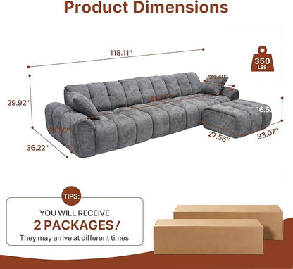 Claiks 118" Modern Boneless Couch, Corduroy Modular Cloud Sofa for Living Room, Deep Seat Sectional with Movable Ottoman, No Assembly Required, Dark Grey
