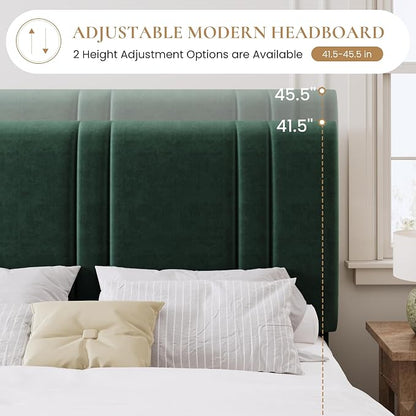 SHA CERLIN King Size Platform Bed Frame, Velvet Upholstered Bed with Adjustable Headboard, Vertical Channel Tufted Design, Sturdy Wood Slat Support, No Box Spring Needed, Easy Assembly, Green