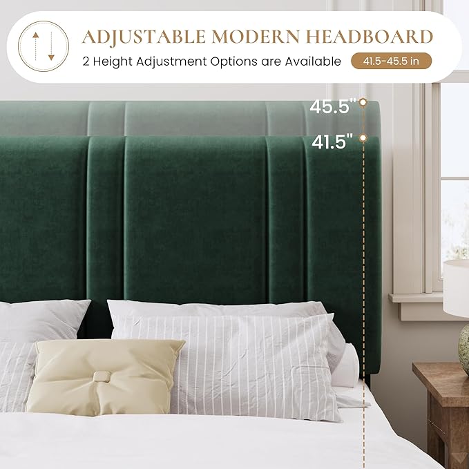 SHA CERLIN Queen Size Platform Bed Frame, Velvet Upholstered Bed with Adjustable Headboard, Vertical Channel Tufted Design, Sturdy Wood Slat Support, No Box Spring Needed, Easy Assembly, Green
