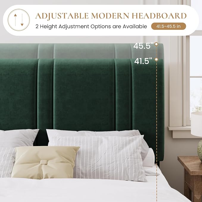 SHA CERLIN Full Size Platform Bed Frame, Velvet Upholstered Bed with Adjustable Headboard, Vertical Channel Tufted Design, Sturdy Wood Slat Support, No Box Spring Needed, Easy Assembly, Green