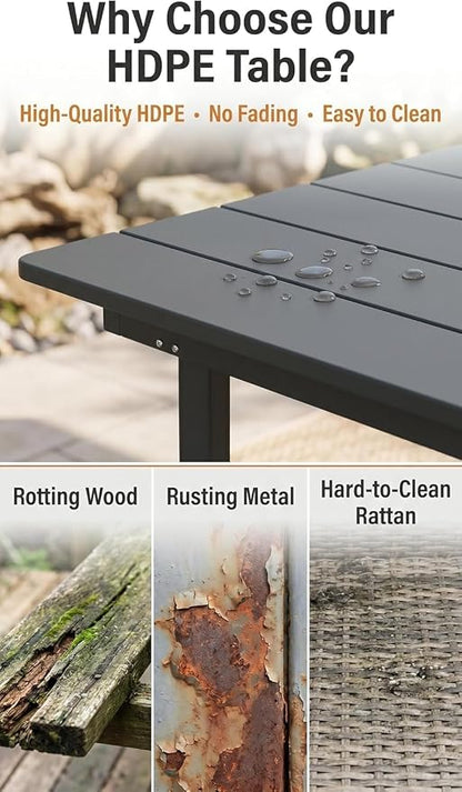 Amopatio HDPE Patio Outdoor Dining Table for 6 All Weather Rectangular Table with Umbrella Hole for Porch Deck Garden Backyard Poolside