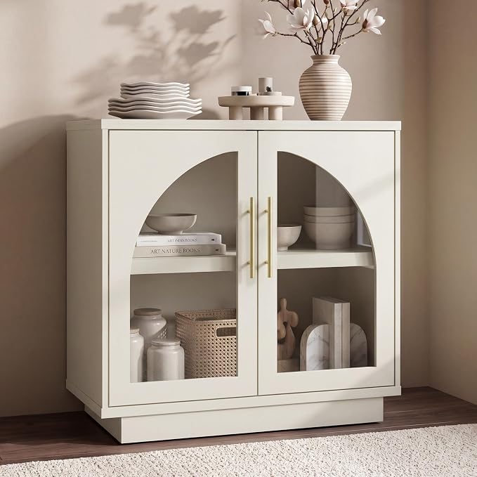 Fatmok Arched Glass Sideboard Buffet Accent Cabinet, 31.5" Display Credenza with Adjustable Shelf,2-Piece Modular Coffee Station Storage for Kitchen Living Room Bedroom, Beige(Not White)