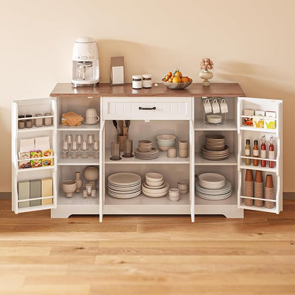 Gizoon 56" Kitchen Coffee Bar Cabinet with Storage Kitchen Sideboard Buffet Cabinet with Drawers, Short Pantry with Door and Shelves for Bathroom and Living Room, Painted White and Rustic