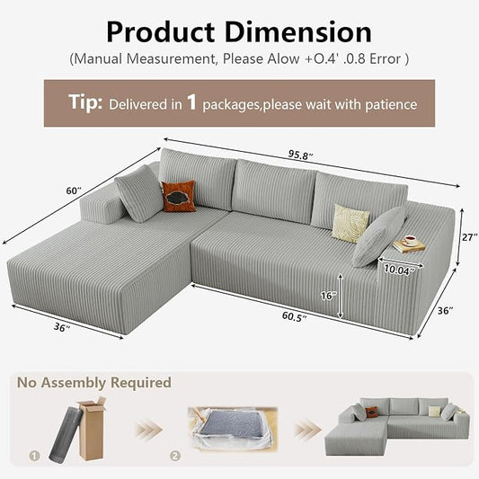 95" Cloud Sectional Couch with L-Shape Chaise, Modular Comfy Sofa Chaise Longue, Upholstered Corduroy Couches Sleeper with Deep Seat for Living Room, No Assembly Required(Light Grey, Left Facing)