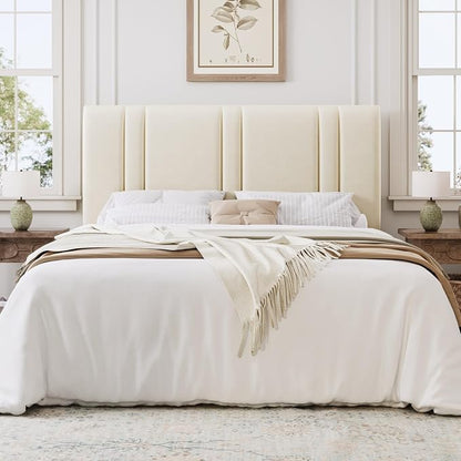 SHA CERLIN Full Size Platform Bed Frame, Velvet Upholstered Bed with Adjustable Headboard, Vertical Channel Tufted Design, Sturdy Wood Slat Support, No Box Spring Needed, Easy Assembly, Cream White
