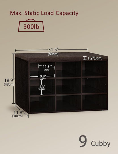 DINZI LVJ Shoe Bench, 9 Cubbies Shoe Organizer for Entryway, Storage Bench with Cushion, Cubby Shoe Rack with Adjustable Shelves for Living Room, Bedroom, Mudroom, Hallway, Espresso