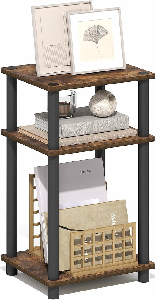 Furinno Turn-N-Tube Side Table, 3-Tier End Table with Open Shelf, Toolless Assembly Night Stand, Bedside Table, for Living Room, Bedroom, Amber Oak