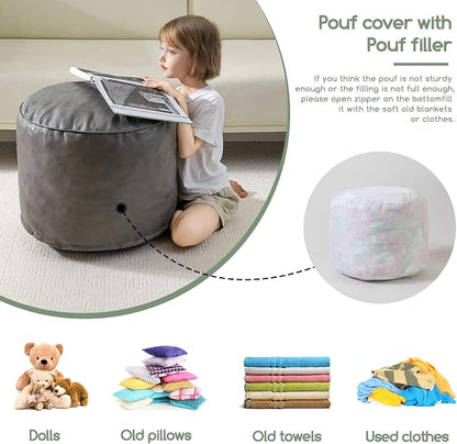 HIGOGOGO Round Stuffed Pouf Ottoman, Pu Leather Poufs with Foam Chunk Filling, Furry and Fluffy Pouf Foot Stool Storage Ottoman, 20 X 15 Floor Poufs Foot Rest for Living Room, Grey