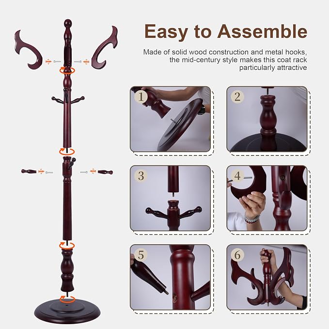 Wooden Coat Rack Freestanding with 14 Hooks, Adjustable Height Coat Tree Free Standing Heavy Duty for Entryway, Easy Assembly Solid Wood Sturdy Coat Hats Hanger Stand for Office Hallway Bedroom