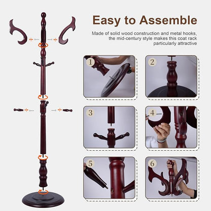 Wooden Coat Rack Freestanding with 14 Hooks, Adjustable Height Coat Tree Free Standing Heavy Duty for Entryway, Easy Assembly Solid Wood Sturdy Coat Hats Hanger Stand for Office Hallway Bedroom