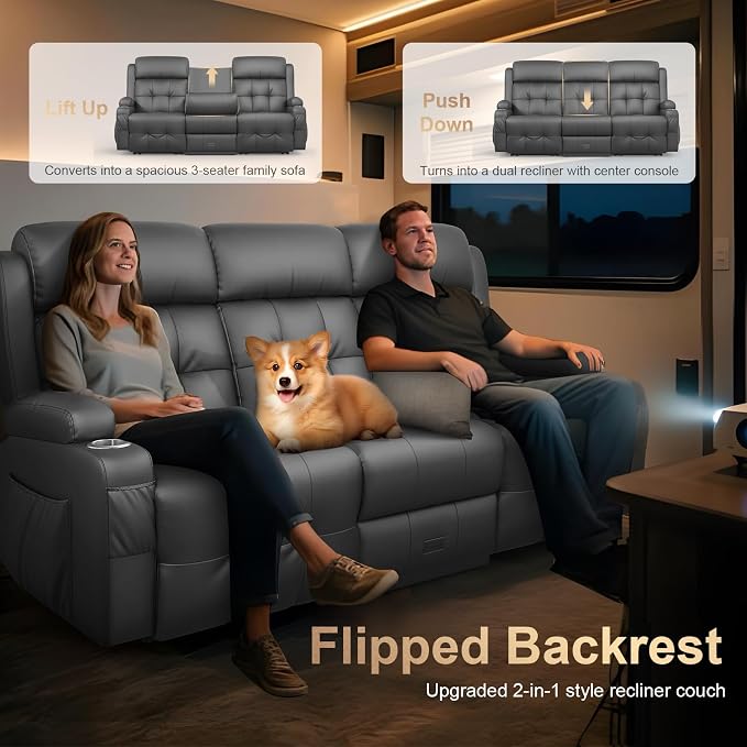 Loveseat Recliner Sofa, Home Theater Seating with Massage, 3 Seat Reclining Loveseats with Flip Backrest, Wall Hugger RV Couch Theater Chairs, RV Furniture Sofas with USB, Cup Holders for Gaming Room