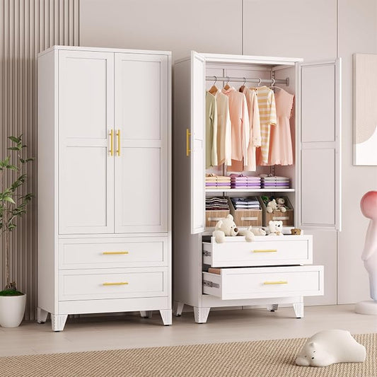 Metal Armoire Wardrobe Closet Storage Cabinet with 2 Doors White, 71'' Wardrobe Cabinet with Hanging Rod Metal Closet with Adjustable Shelf and 2 Drawers for Bedroom, Laundry Room, Cloak Room
