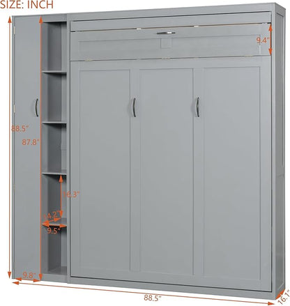 Merax Queen Size Murphy Bed Wall Bed with Shelves, Drawers and LED Lights,Gray
