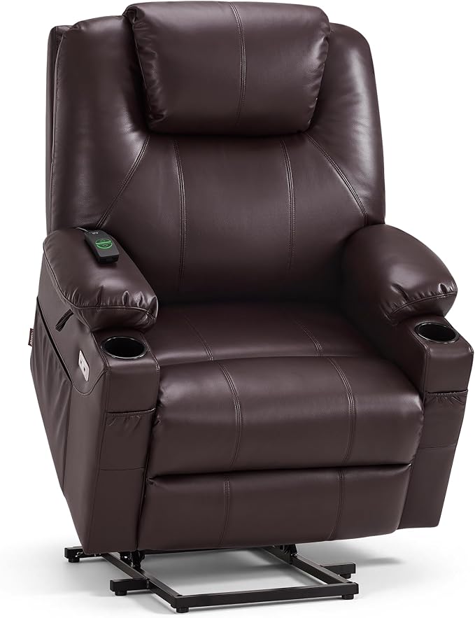 MCombo Power Lift Recliner Chair for Elderly R7042(Dark Brown, Small-Wide) | Heat and Massage, Breathable Faux Leather, USB& Type C Charging Port, FSC Certified