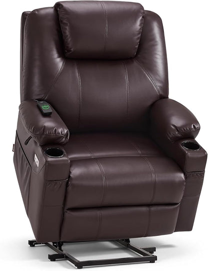 MCombo Power Lift Recliner Chair for Elderly R7042(Dark Brown, Small-Wide) | Heat and Massage, Breathable Faux Leather, USB& Type C Charging Port, FSC Certified