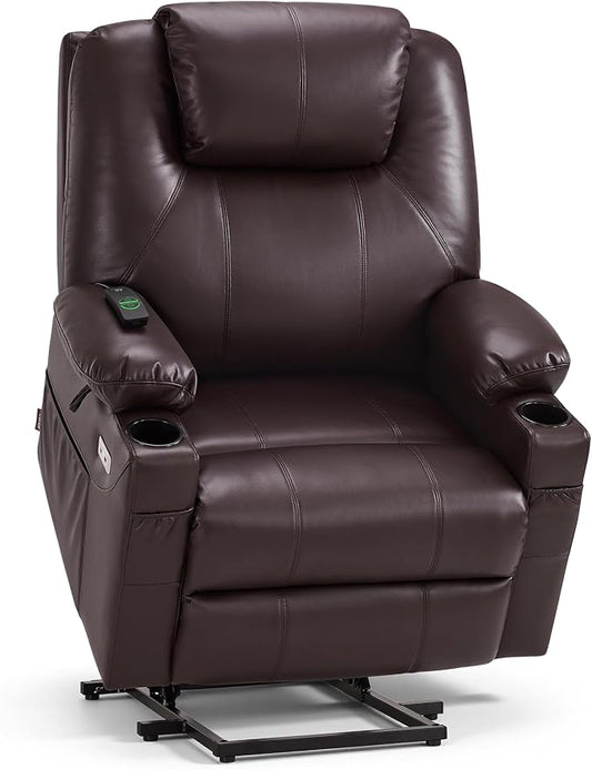 MCombo Power Lift Recliner Chair for Elderly R7042(Dark Brown, Small-Wide) | Heat and Massage, Breathable Faux Leather, USB& Type C Charging Port, FSC Certified